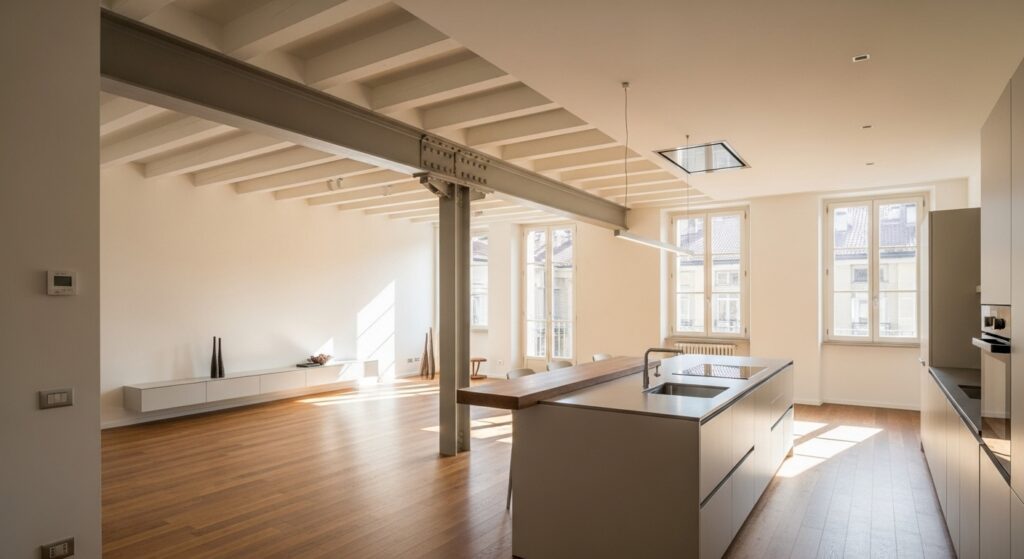 Soggiorno open space a Torino realizzato abbattendo un muro tramezzo con CILA