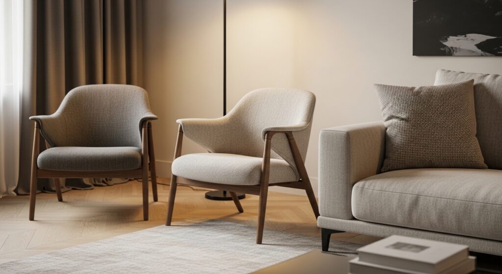 Distanze perfette tra divano e poltrone in un salotto dal design contemporaneo e accogliente.