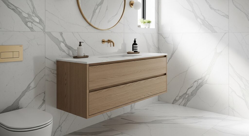Rivestimenti in marmo calacatta e rubinetteria in ottone per un bagno moderno, esempio di scelta materiali di qualità.