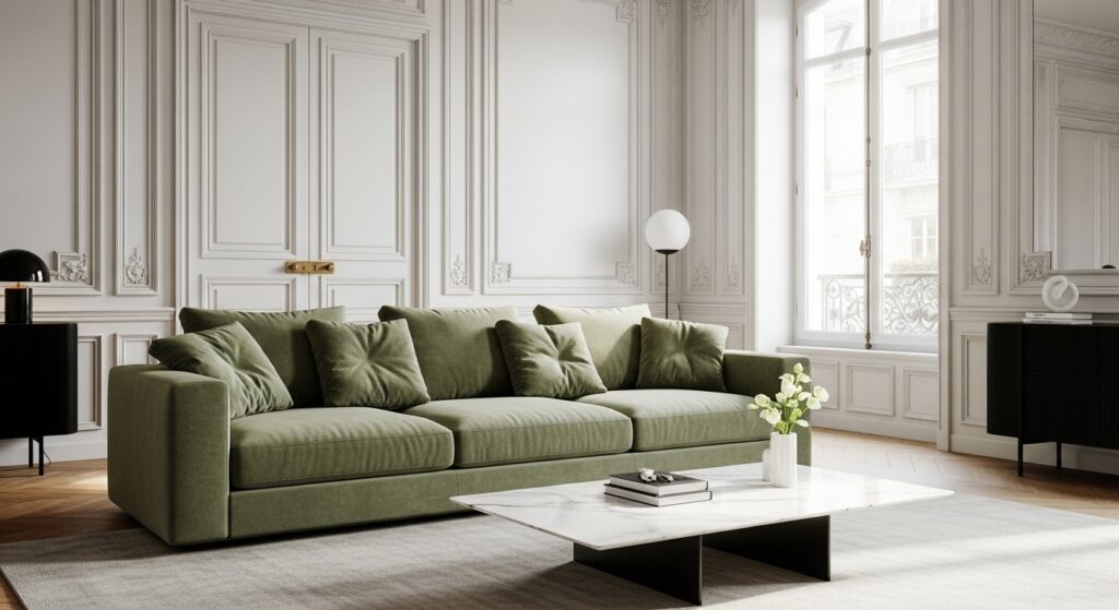 Divano in velluto verde salvia in un soggiorno classico contemporaneo con boiserie bianca, esempio di interior design di lusso