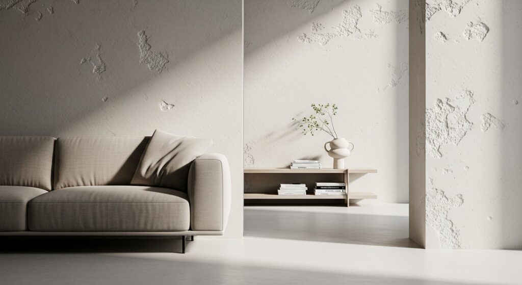 Divano scostato dalla parete con console retro-divano, tecnica di progettazione per dare respiro al living.