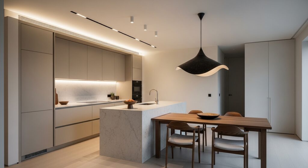 Cucina moderna minimalista con armadiature chiuse color cachemire per evitare il disordine visivo