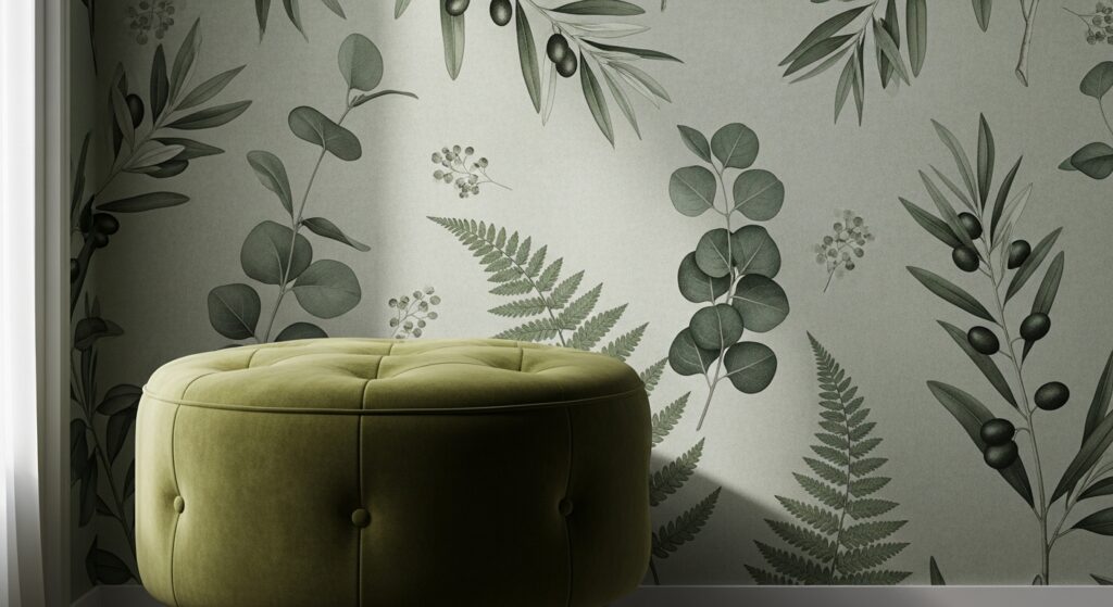 Dettaglio di carta da parati botanica verde e pouf in velluto oliva in un salotto dal design elegante e sartoriale