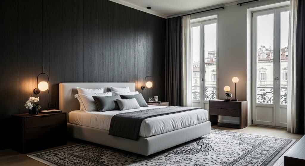 Camera da letto moderna con parete d'accento grigio scuro ferro, biancheria bianca e luci calde d'atmosfera