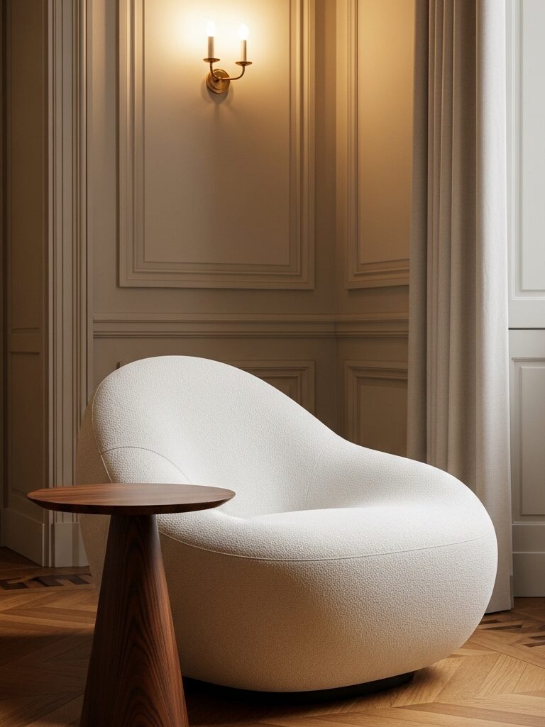 Dettaglio di interior design con poltrona moderna dalle forme organiche accostata a un tavolino classico in legno scuro su parquet a spina di pesce.