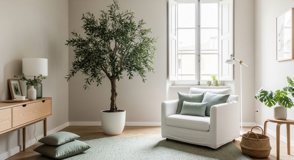Soggiorno minimalista e luminoso con grande pianta di ulivo da interni e dettagli tessili verdi, perfetti per un living elegante