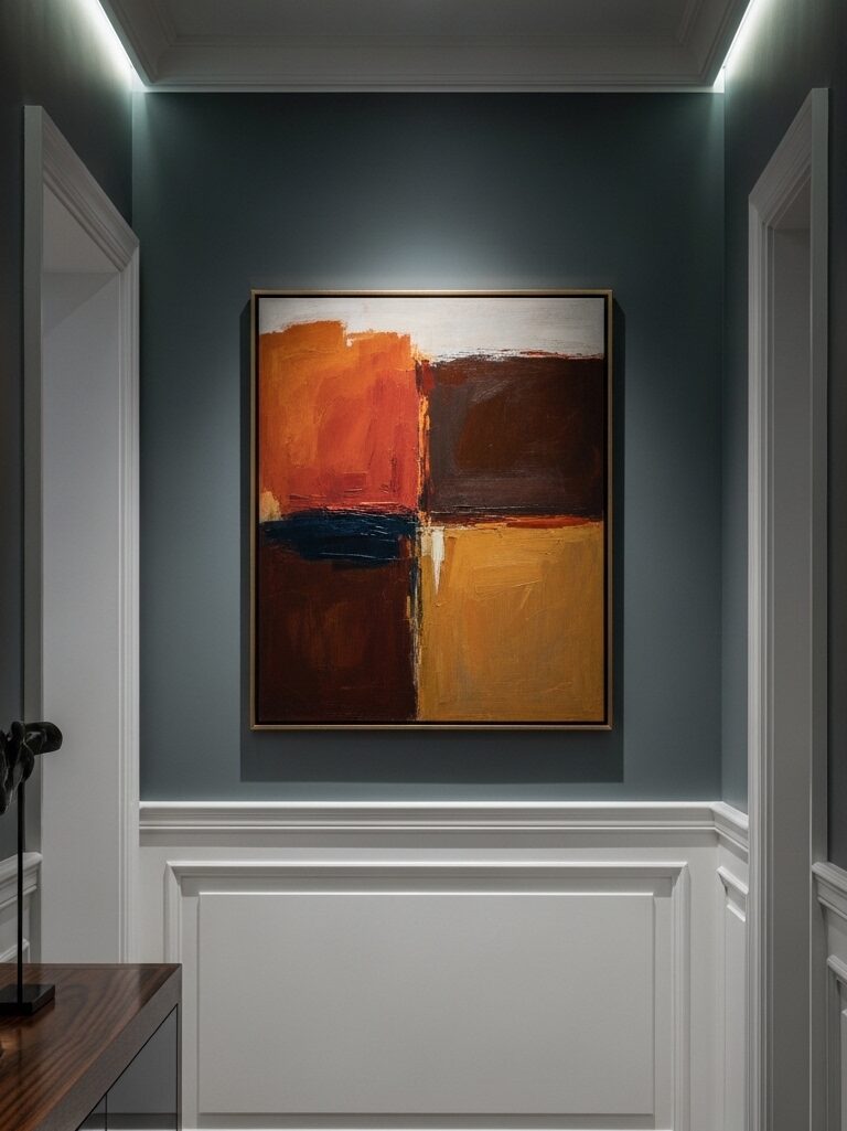 Dettaglio architettonico di un corridoio con parete grigio scuro dai sottotoni blu e boiserie bianca a contrasto