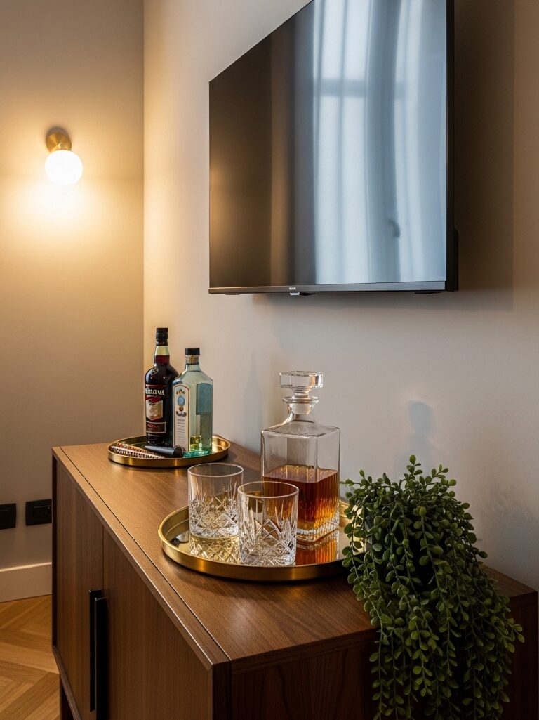 Dettaglio di un mobile TV in legno scuro utilizzato anche come angolo bar con vassoio in ottone, bicchieri di cristallo e bottiglie.