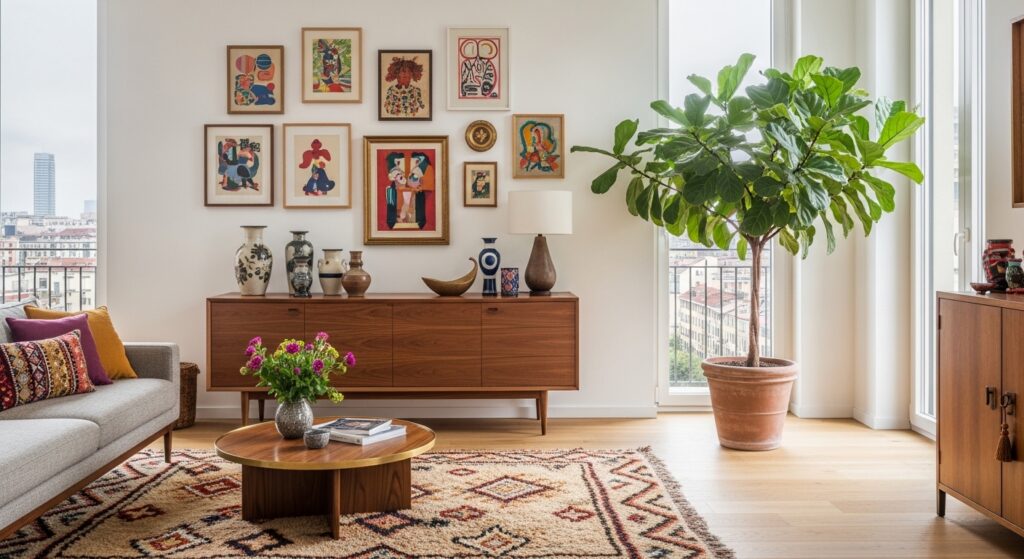 Salotto che mescola un mobile in noce stile Mid-Century con un tappeto berbero vintage e piante d'appartamento per un perfetto stile Scandi-Boho.