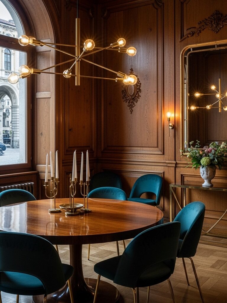Sala da pranzo lussuosa con boiserie tradizionale in legno scuro, sedie moderne in velluto e un lampadario glamour in ottone.